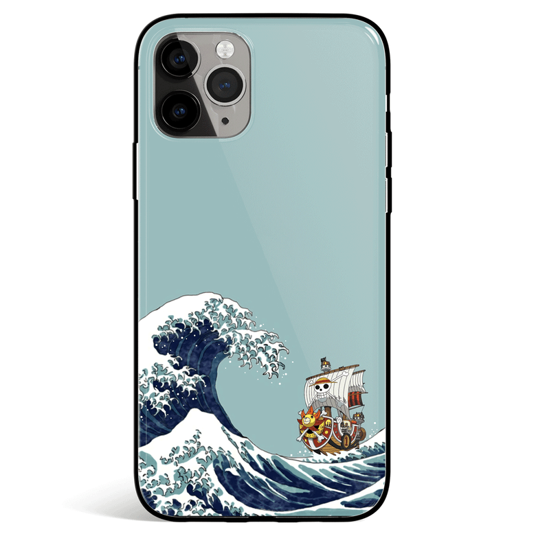 One Piece Thousand Sunny & Great Wave off Kanagawa iPhone Tempered Glass Soft Silicone Phone Case