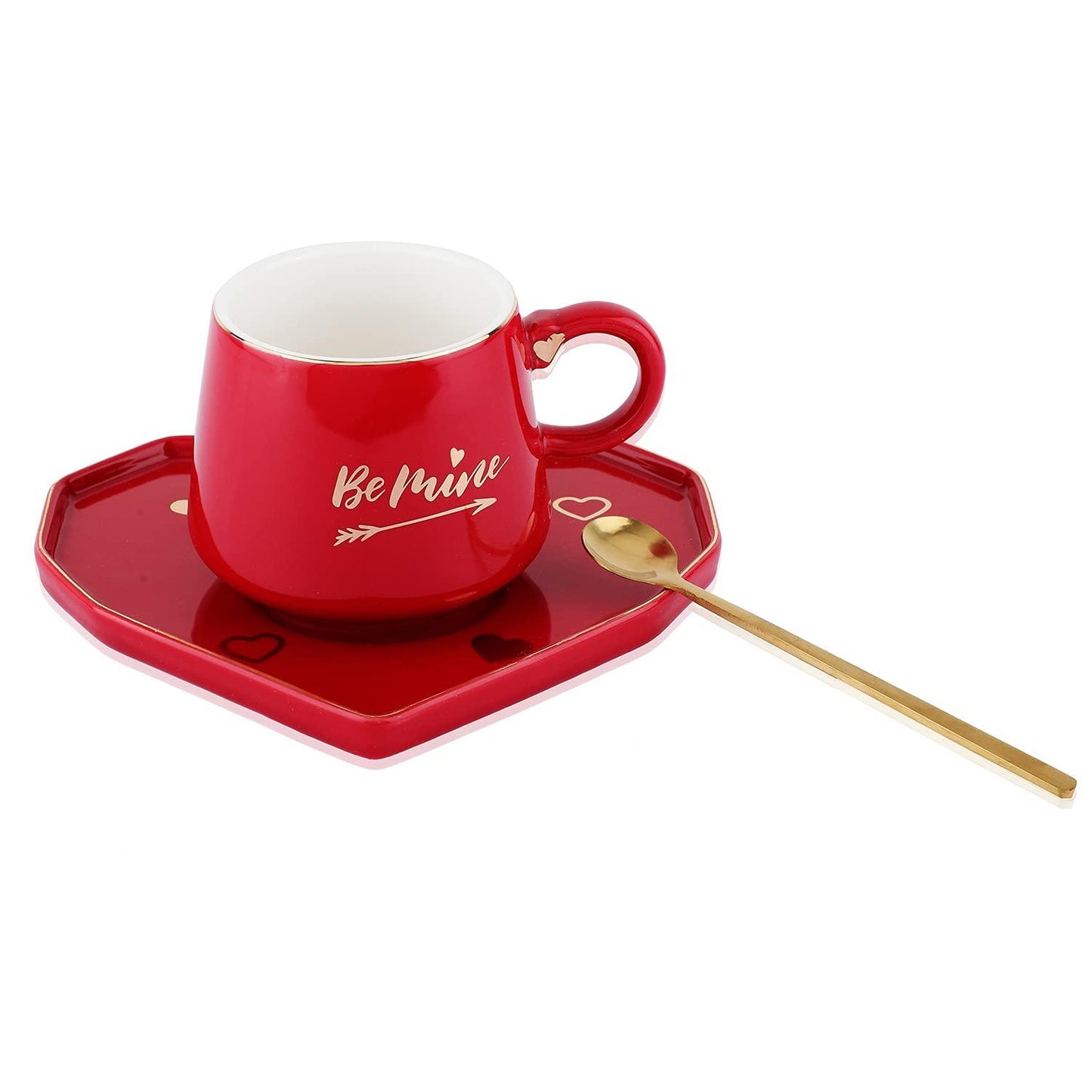 Be Mine Printed Ceramic Coffee Mug with Heart Shape Saucer & Spoon