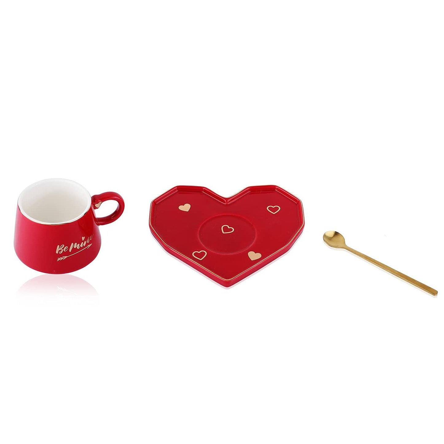 Be Mine Printed Ceramic Coffee Mug with Heart Shape Saucer & Spoon