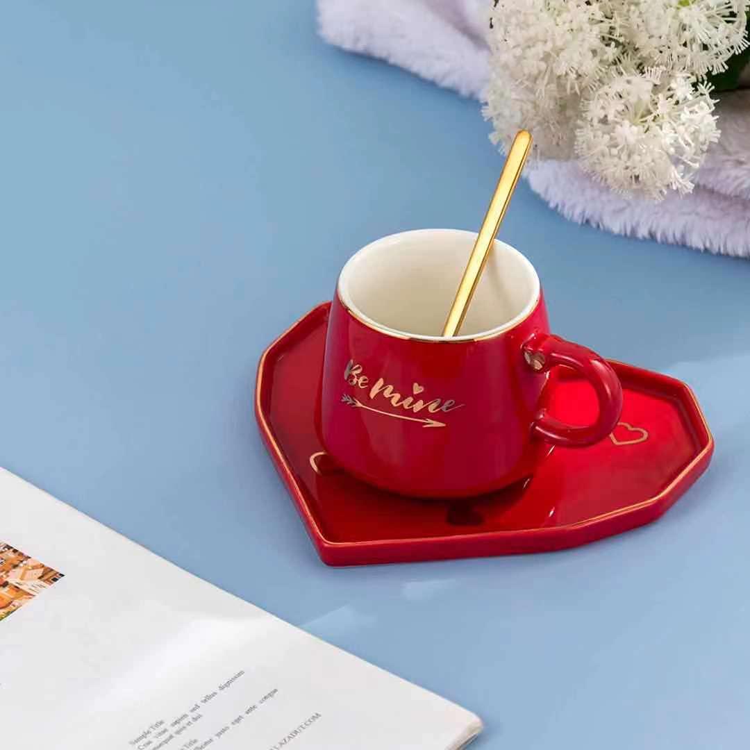 Be Mine Printed Ceramic Coffee Mug with Heart Shape Saucer & Spoon