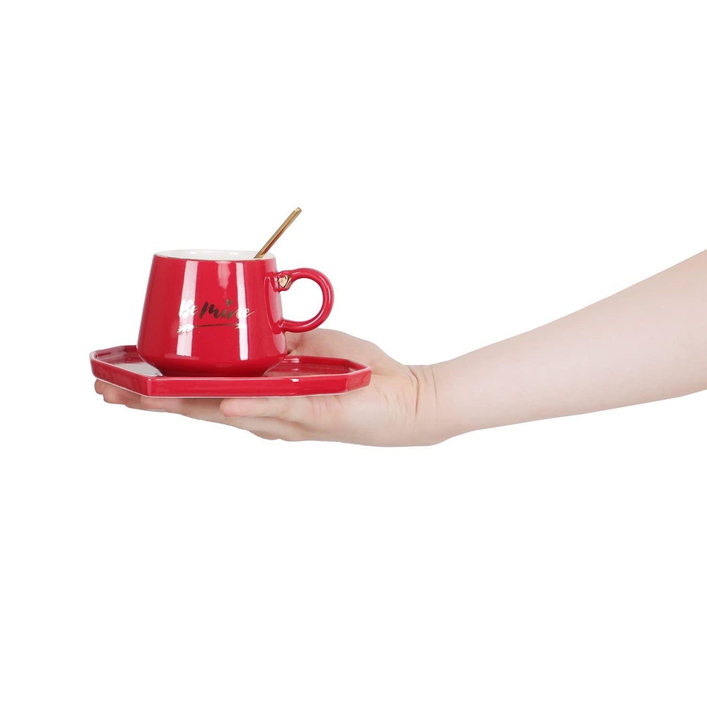 Be Mine Printed Ceramic Coffee Mug with Heart Shape Saucer & Spoon