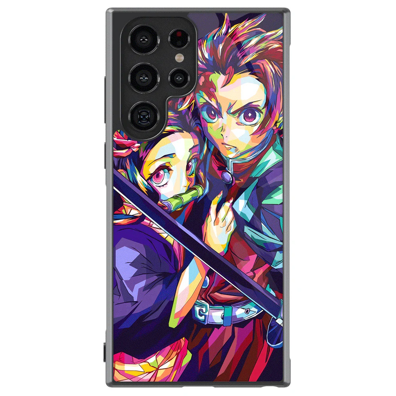 Demon Slayer Colorful Tanjiro and Nezuko Tempered Glass Tough Samsung Phone Case