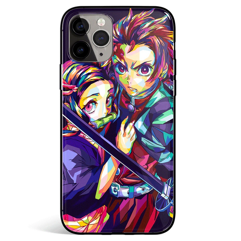 Demon Slayer Colorful Tanjiro and Nezuko Tempered Glass Soft Silicone iPhone Case