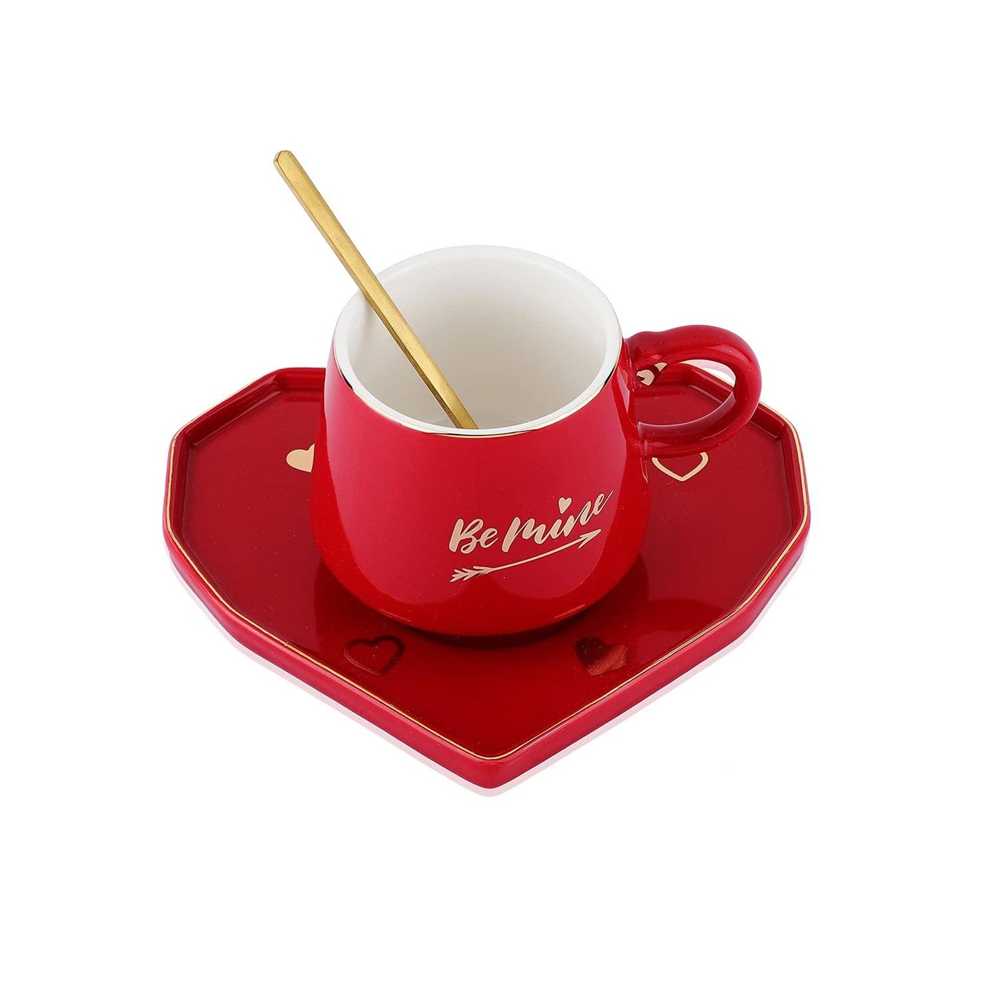 Be Mine Printed Ceramic Coffee Mug with Heart Shape Saucer & Spoon