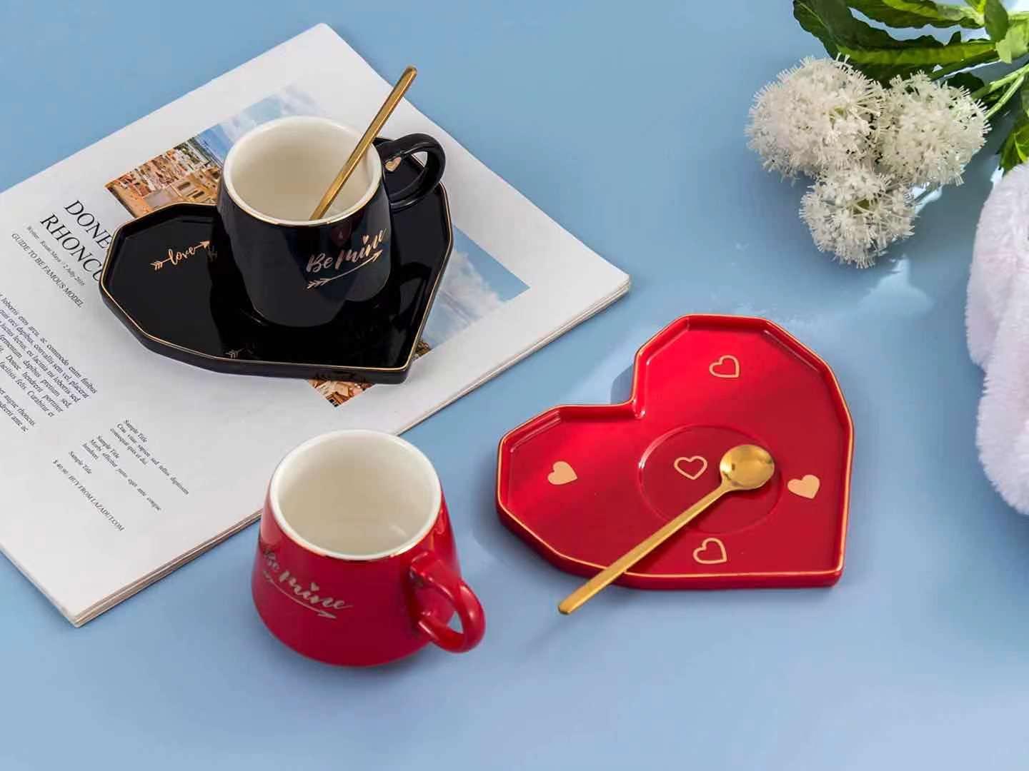 Be Mine Printed Ceramic Coffee Mug with Heart Shape Saucer & Spoon
