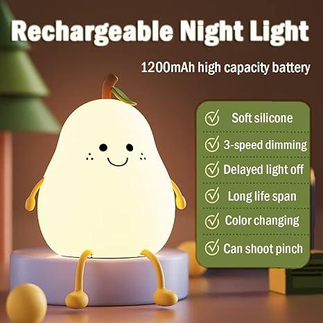 Silicone Pear LED Night light Lamp, Cute Funny Fruit Led Night Light with Legs, 7 Color Changing Light for Bedroom Gift for Christmas, Halloween Party.
