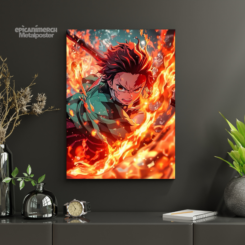 Demon Slayer โ Tanjiro โRaging Flamesโ Premium Metal Poster