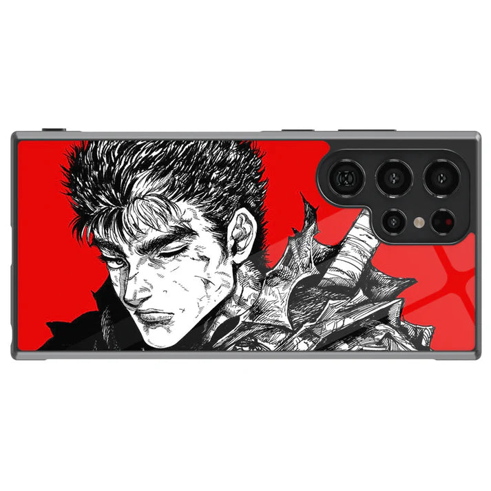 Berserk Guts Silhouette Red Background Tempered Glass Tough Soft Silicone Samsung Case