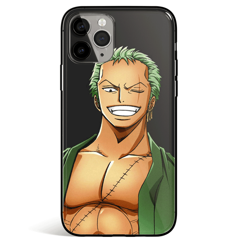 One Piece Zoro Black Background Tempered Glass Soft Silicone iPhone Case