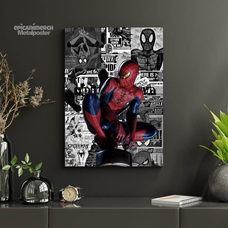 Spider-Man Swinging Across City Comic Style Metal Poster