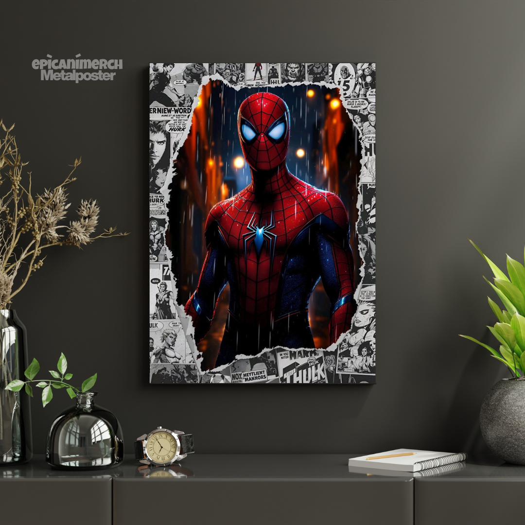 Spider-Man Cityscape Comic Style Metal Wall Poster