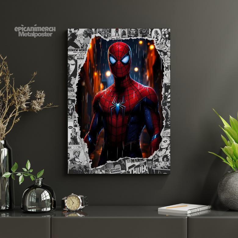Spider-Man Cityscape Comic Style Metal Wall Poster