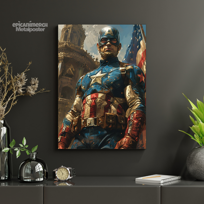 Patriotic Marvel Metal Poster Featuring Captain America