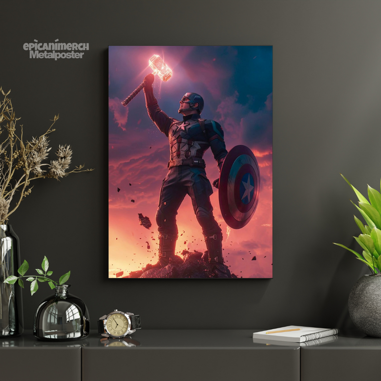 Captain America Holding Shield and Thor’s Hammer Metal Poster
