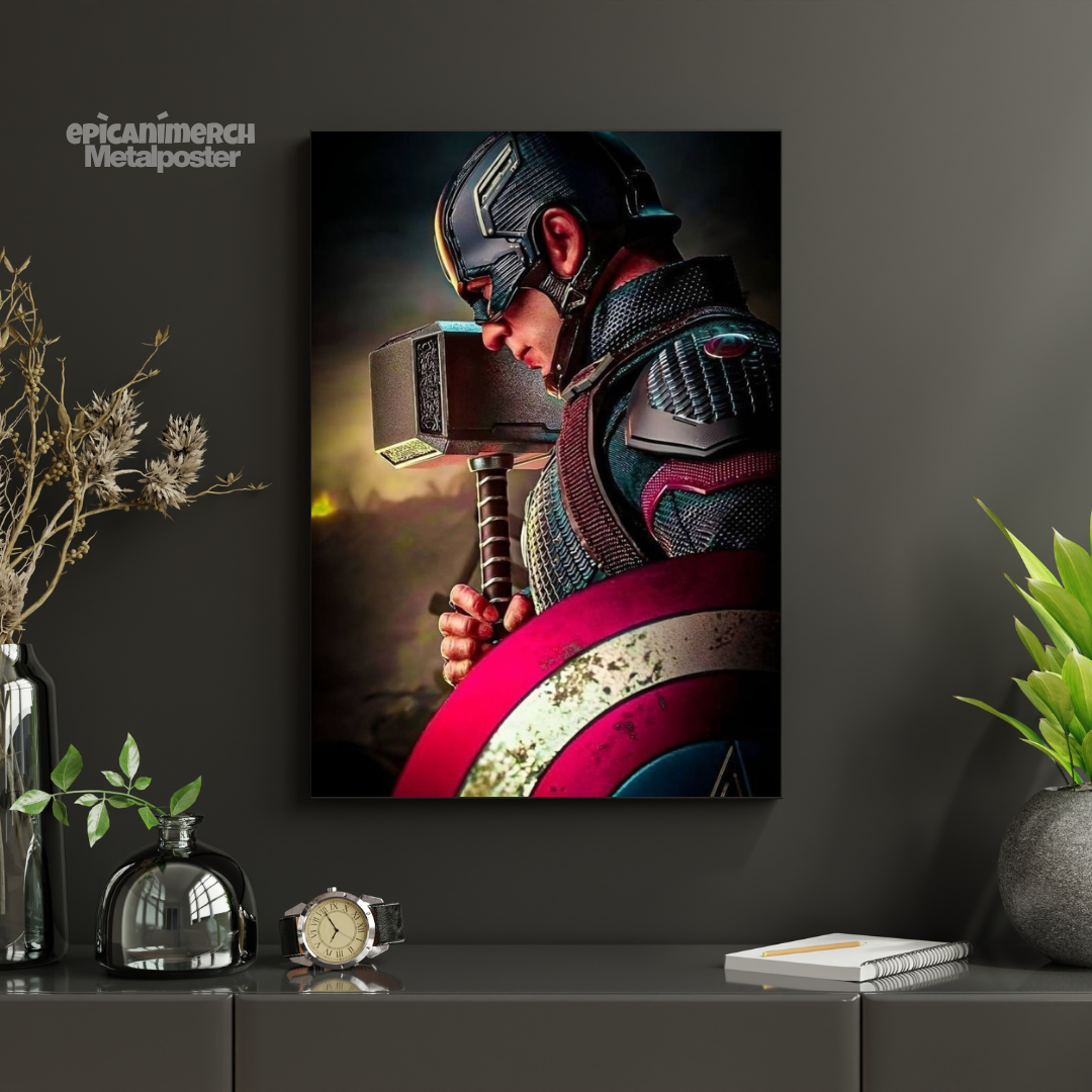 The Worthy Avenger – Captain America Holding Shield & Mjolnir Metal Poster