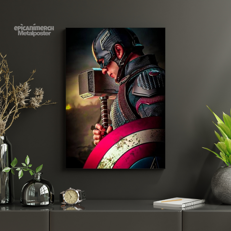 The Worthy Avenger – Captain America Holding Shield & Mjolnir Metal Poster