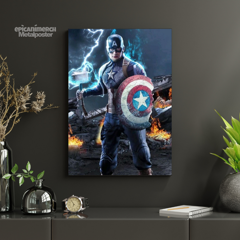 Iconic Endgame Scene – Captain America Wields Shield and Hammer Metal Poster