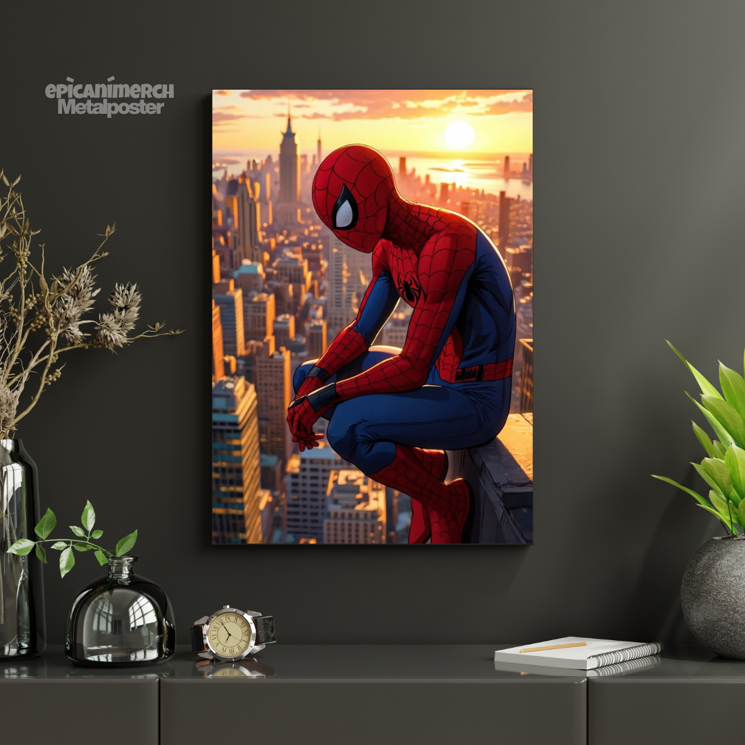 Spider-Man Swinging Across City Comic Style Metal Poster