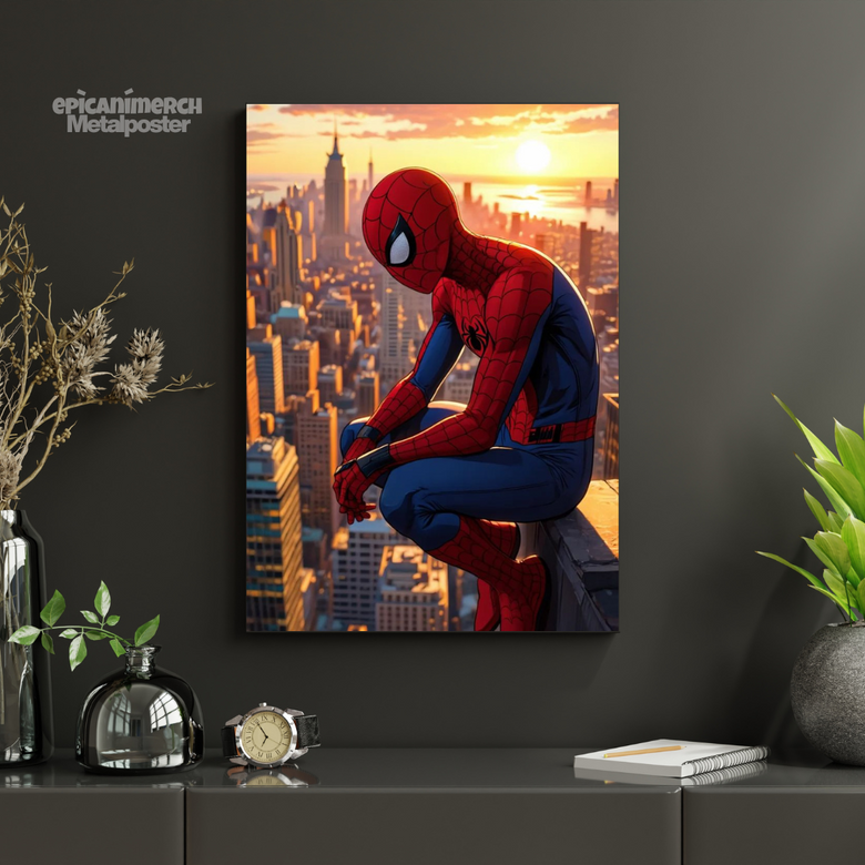 Spider-Man Swinging Across City Comic Style Metal Poster