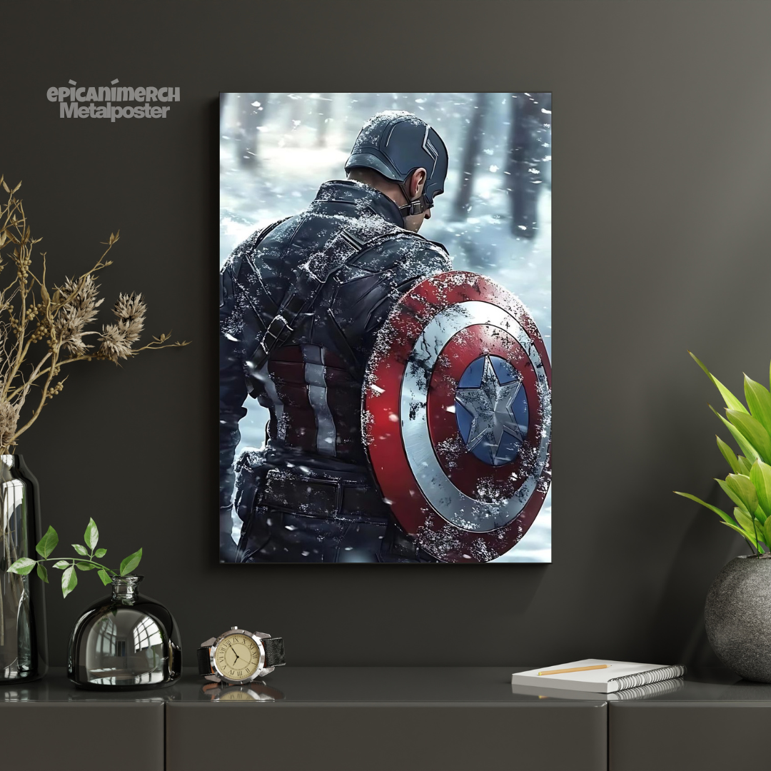 Bold Captain America Shield Metal Print – Superhero Wall Art