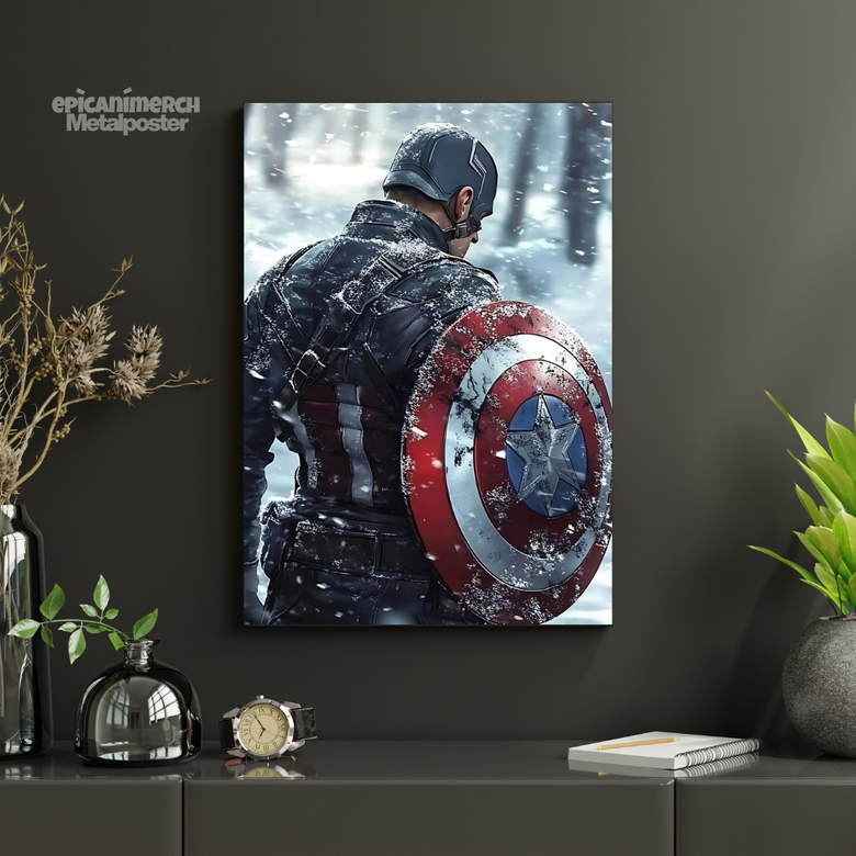Bold Captain America Shield Metal Print – Superhero Wall Art