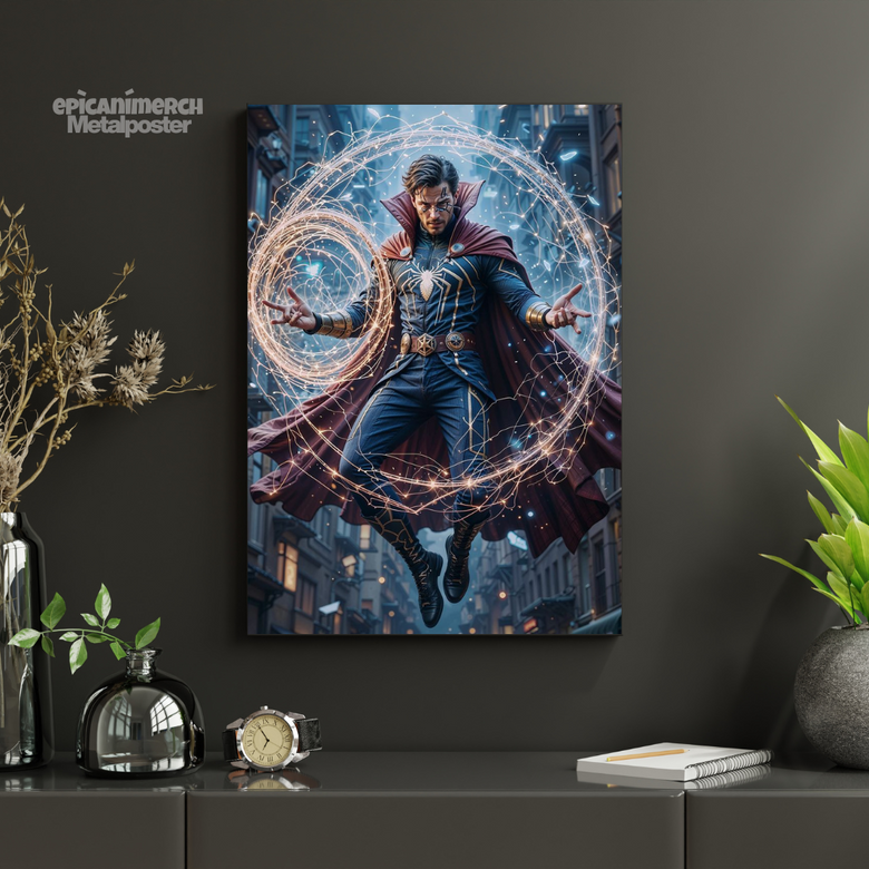 Dr. Strange in a Mid-Air Spellcasting Pose Against a Cityscape