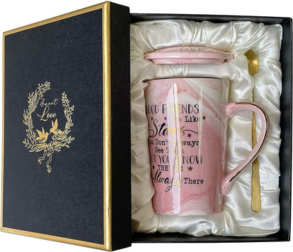 Ceramic Coffee Mug with Lid & Spoon - Pink